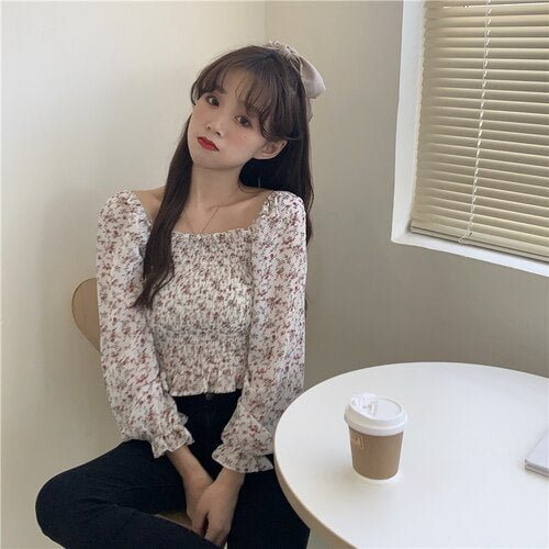 New Blouses Women Spring Retro Casual Tie-Flowers Puff-sleeve Chiffon Floral Slim French Style All-match Simple Harajuku Fashion