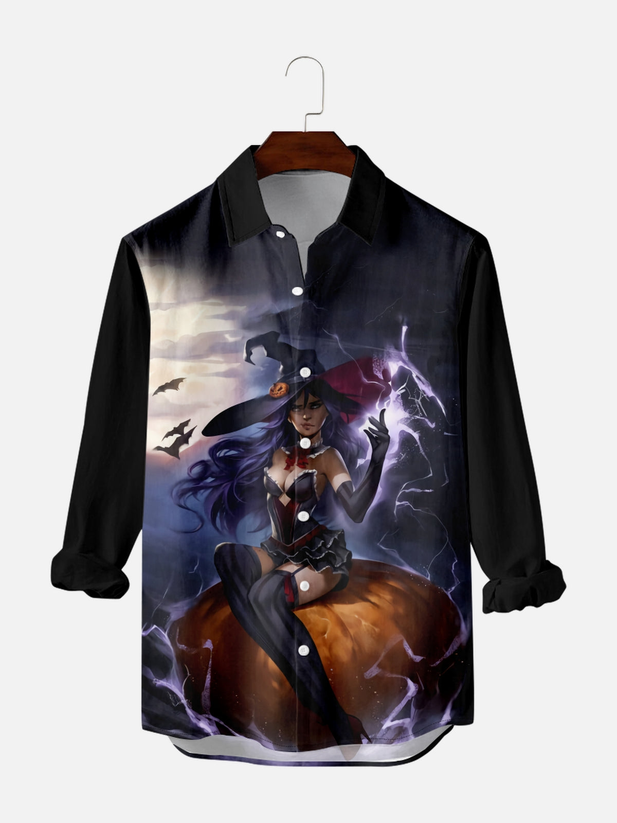 Men's Halloween Magic Witch Pattern Long Sleeve Shirt PLUSCLOTHESMAN