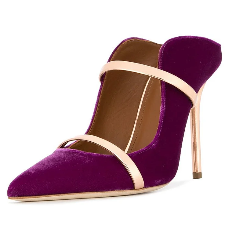 Purple Velvet Pointed Toe Double Strap High Heel Mules |FSJ Shoes