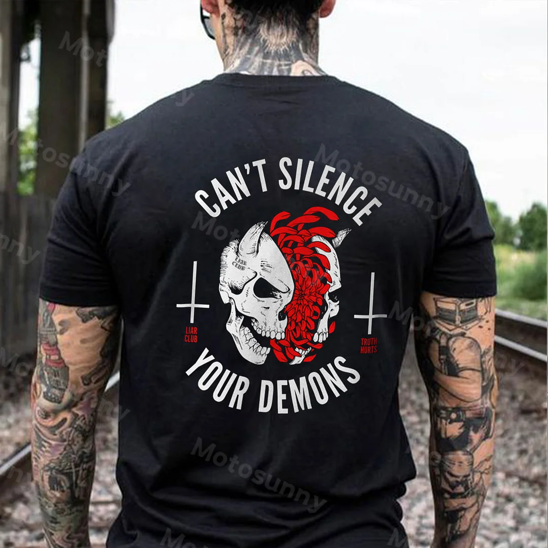 CAN'T SILENCE YOUR DEMONS Skull Black Print T-shirt