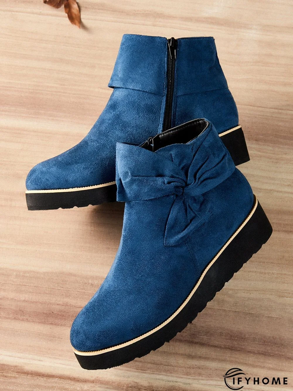 Comfortable Soft Leather Bow Round Toe Low Heel Booties | IFYHOME