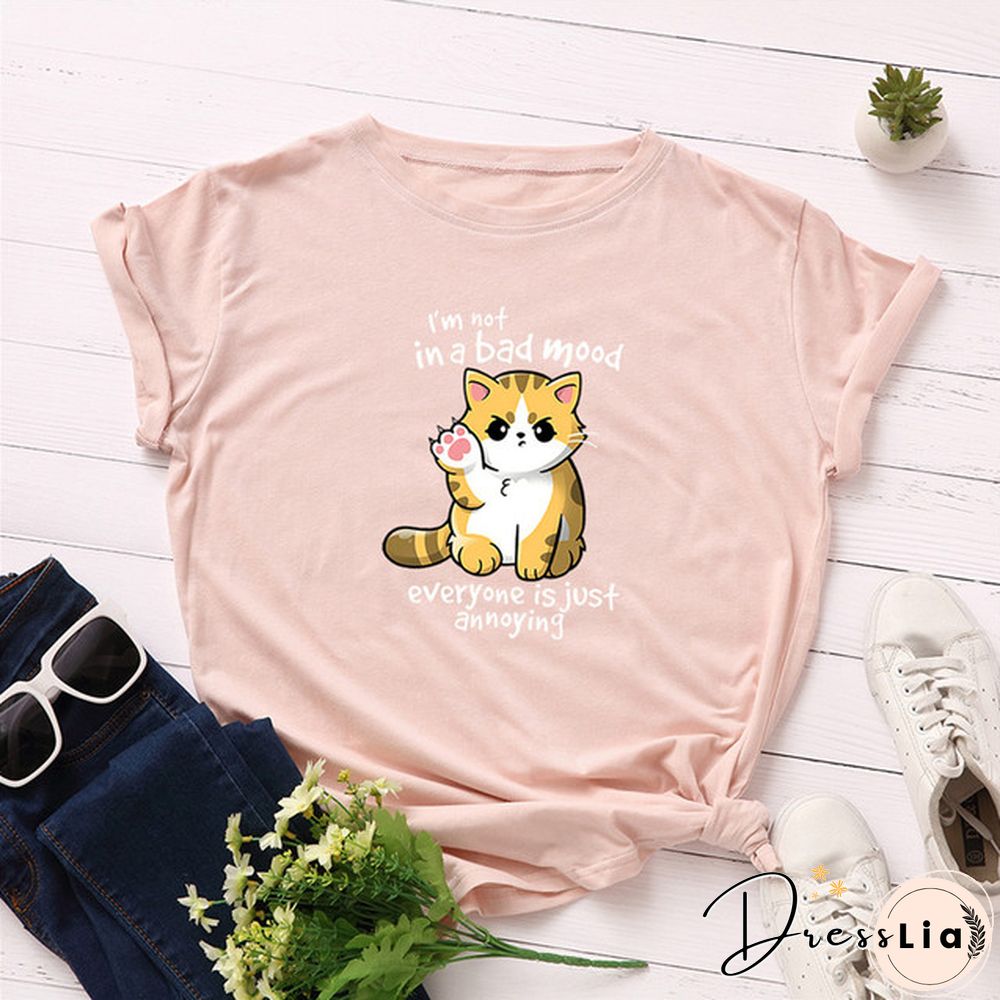 100% Cotton Summer Women TShirt Lovely Cat Letter Print Graphic T Shirt O Neck Short Sleeve Female Tee Shirts Casual Tops