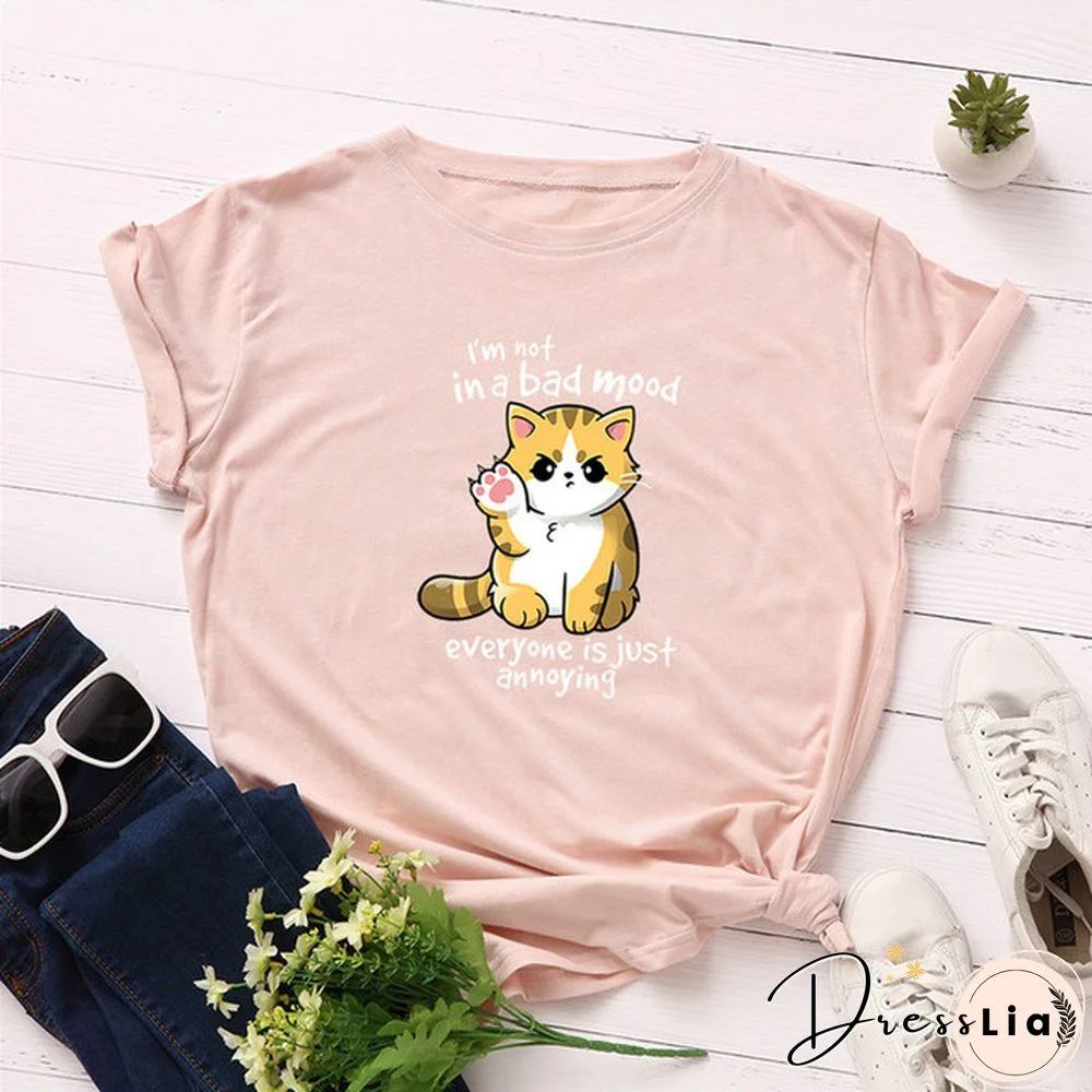 100% Cotton Summer Women TShirt Lovely Cat Letter Print Graphic T Shirt O Neck Short Sleeve Female Tee Shirts Casual Tops