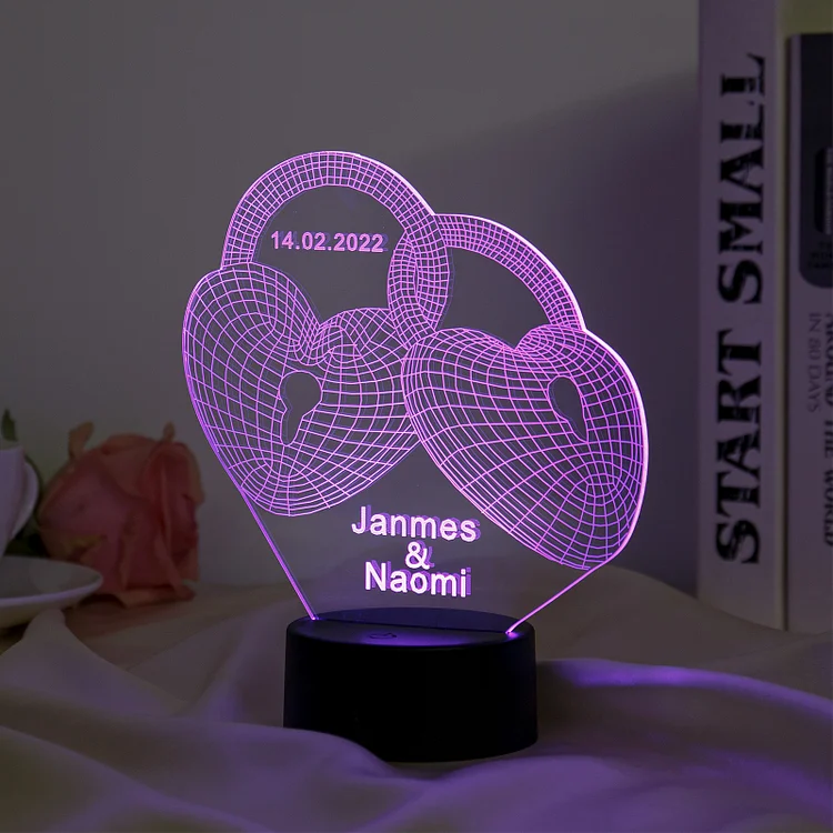 Personalized 3D Couple Lock Night Light Custom Name 7 Colors LED Lamp