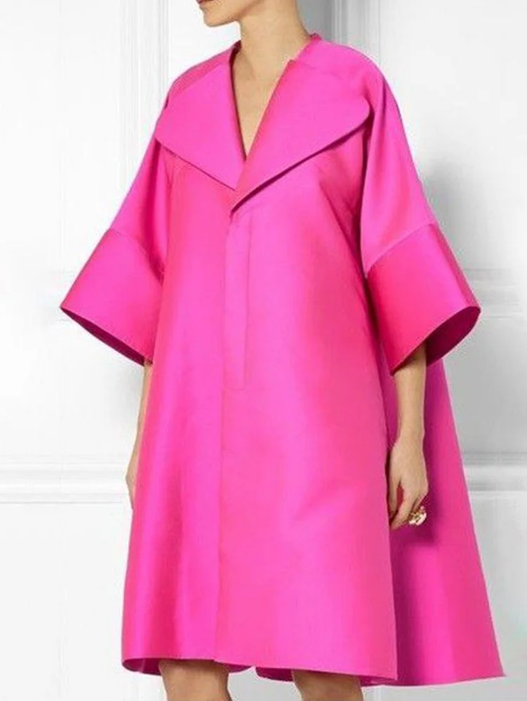 Barbie Pink Casual Solid Color Lapel Collar Half Sleeve Loose Midi Dress