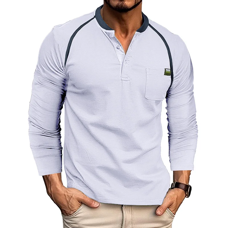 Men's Long Sleeve Henley Shirt Color-Blocked Crew Neck Mens Shirt