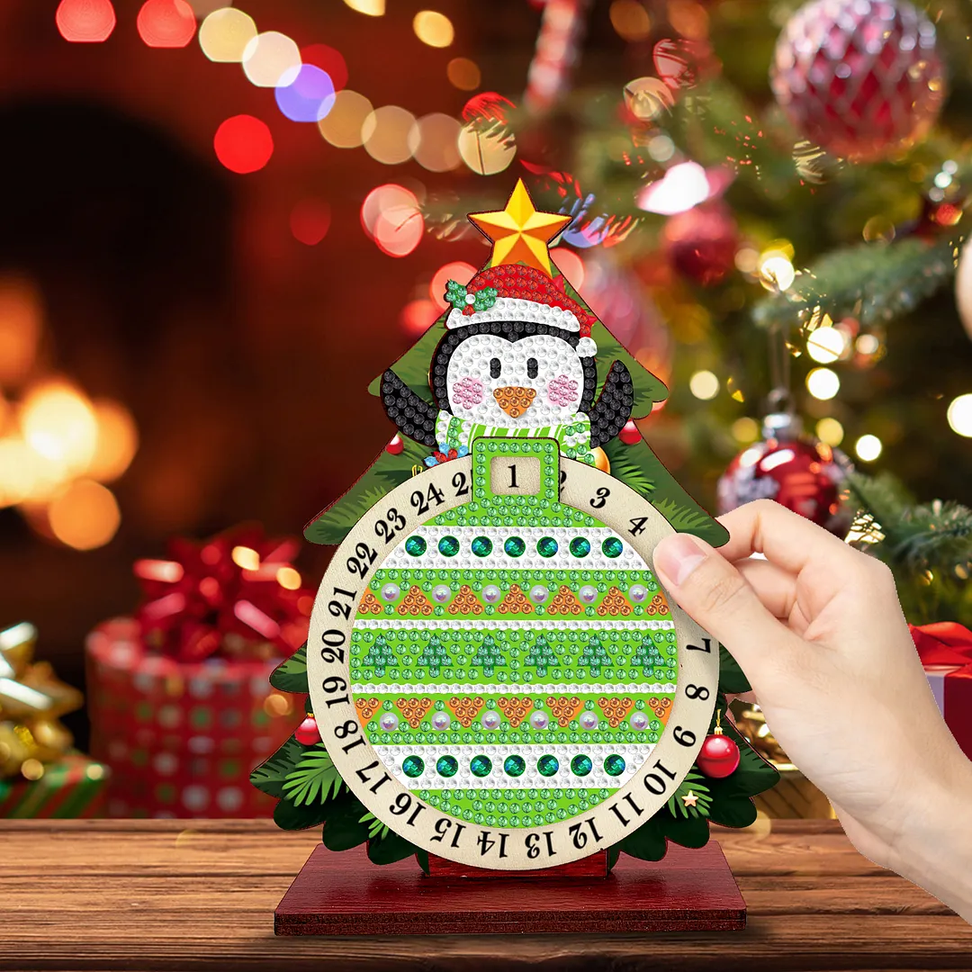 Penguin DIY Christmas Countdown Diamond Painting Tabletop Ornaments Kit 25 Days Crystal Art Craft Decoration Wooden for Living Room Home Office Decoration