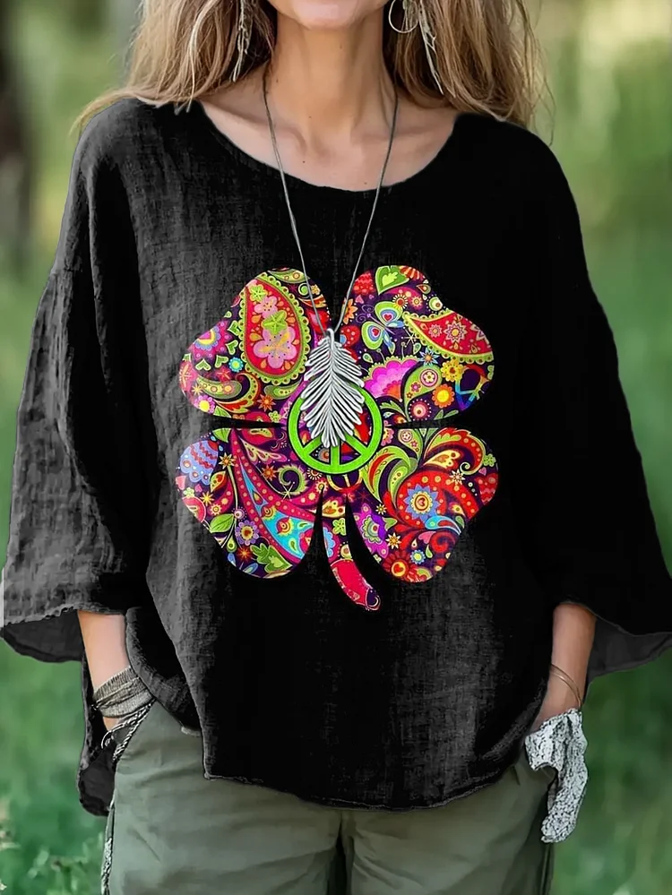 Women's Floral St. Patrick Hippie Graphic Art Print Casual Cotton and Linen Shirt