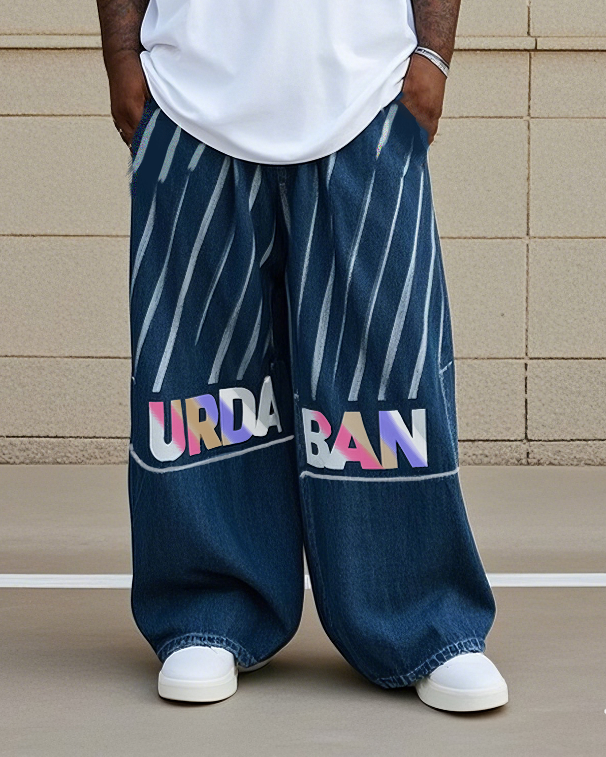 Plus Size Men's Wave Color English Fashion Printed Denim Pants