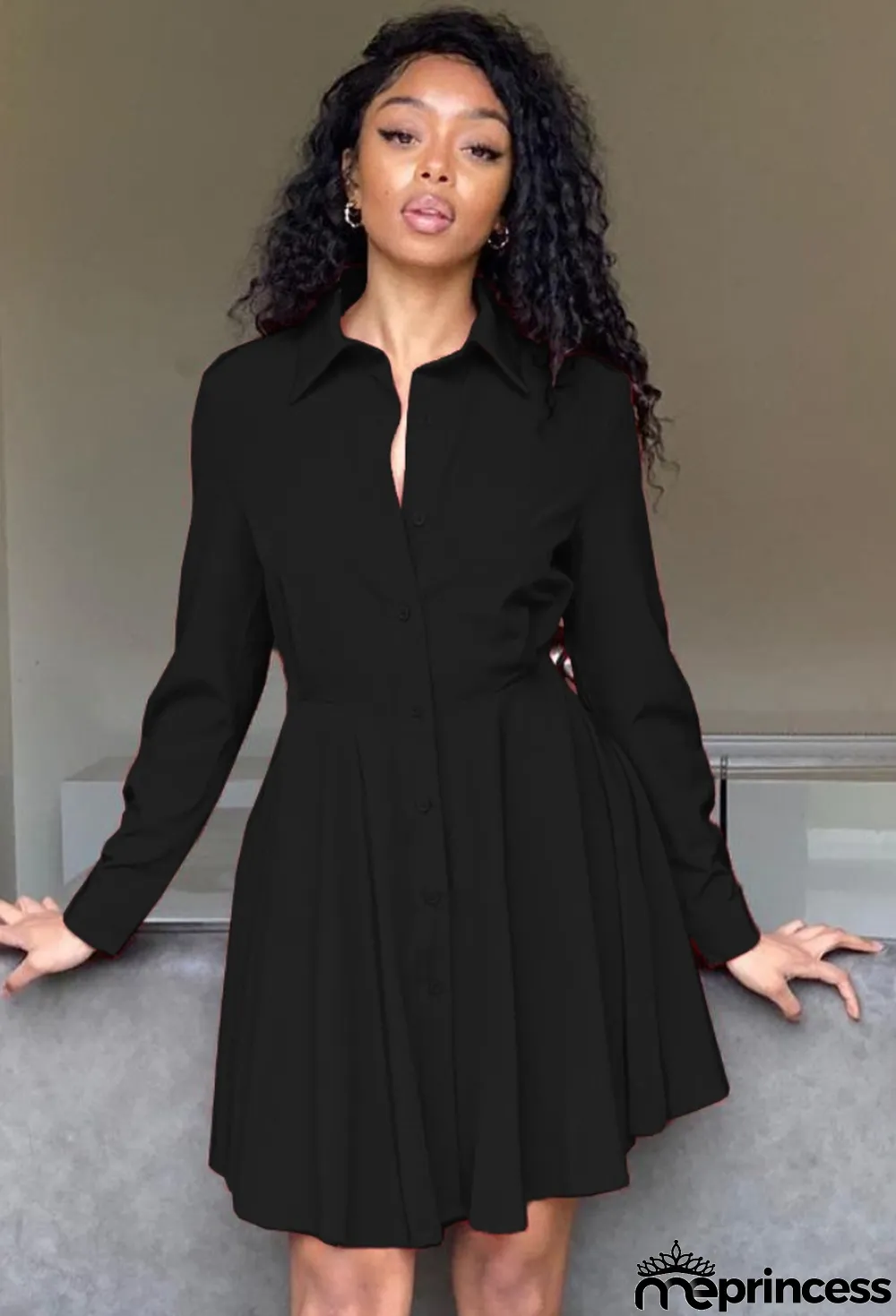 Autumn Black Ruffles Botton-Open Long Sleeve Shirt Dress