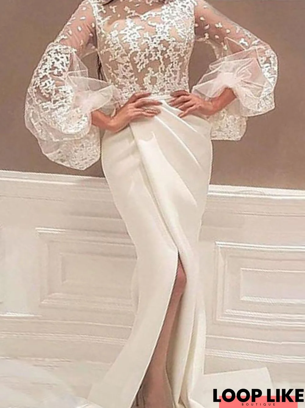 Women's Sheath Dress Maxi Long Dress Long Sleeve Solid Color Split Mesh Lace Fall Sexy Flare Cuff Sleeve White Dresses