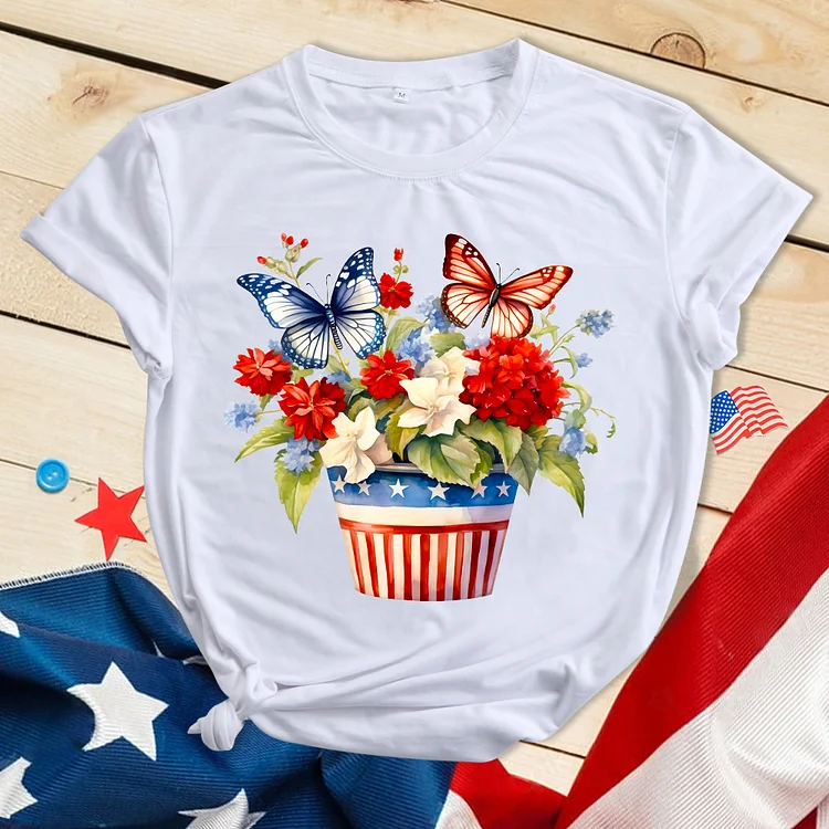 Independence Day Butterfly Flowers T-shirt-BSTC1248