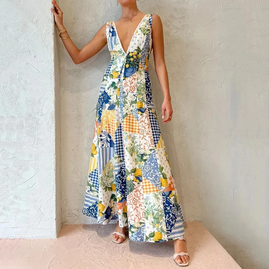 Abito lungo patchwork a quadri color limone Amalfi