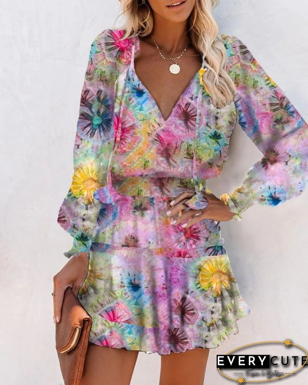 Tie Dye Floral Print Long Sleeve Skinny Waist Mini Dress P15914