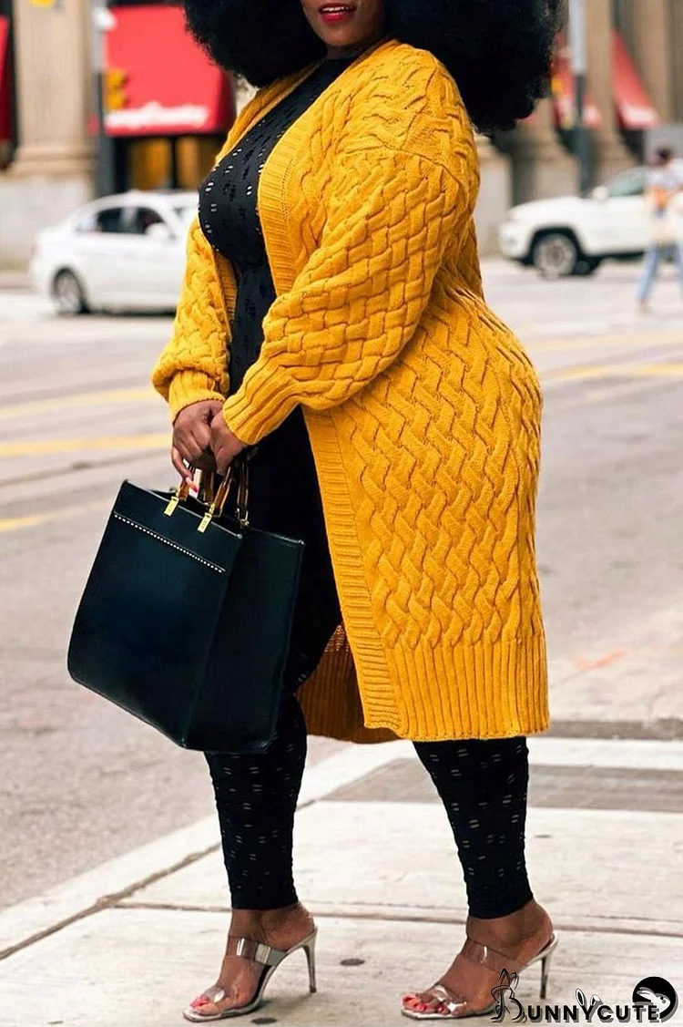 Plus Size Yellow Casual Daily Elegant Cardigan Solid Color Cardigan Collar