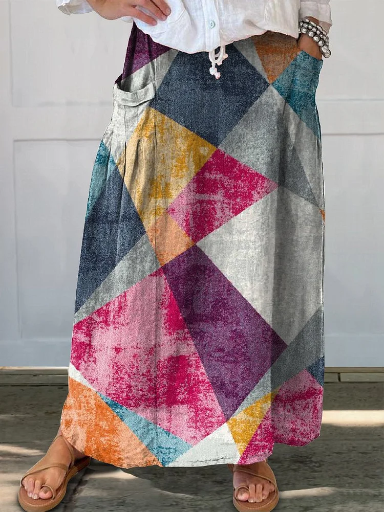 Women's Simple Color Splicing Casual Print Linen Pocket Skirt
