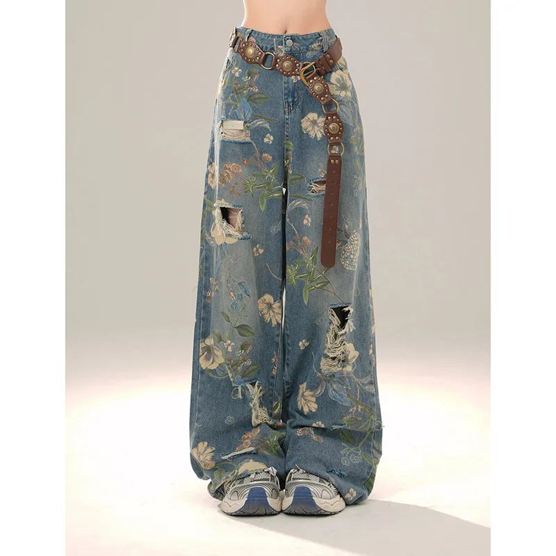 Aiertu Women Y2k Low Rise Graphic Print Ripped Jeans Baggy Harajuku 90s Aesthetic Denim Trousers Vintage 2000s Style Jean Pants Aiertu