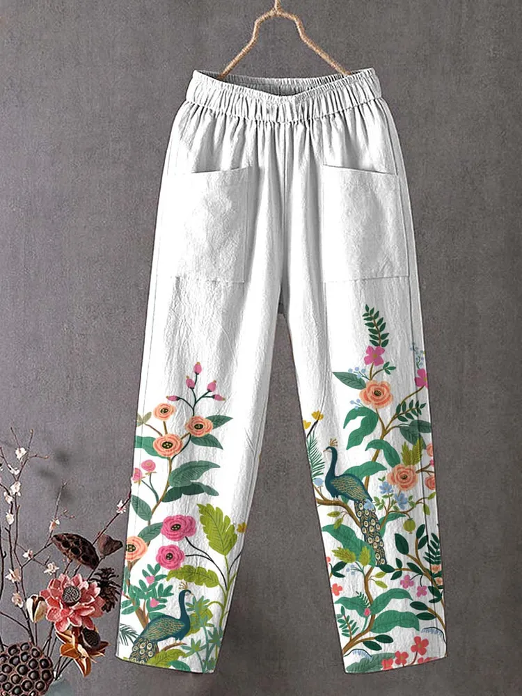 Women's Lovely Peacock Floral Art Printed Cotton And Linen Casual Pants