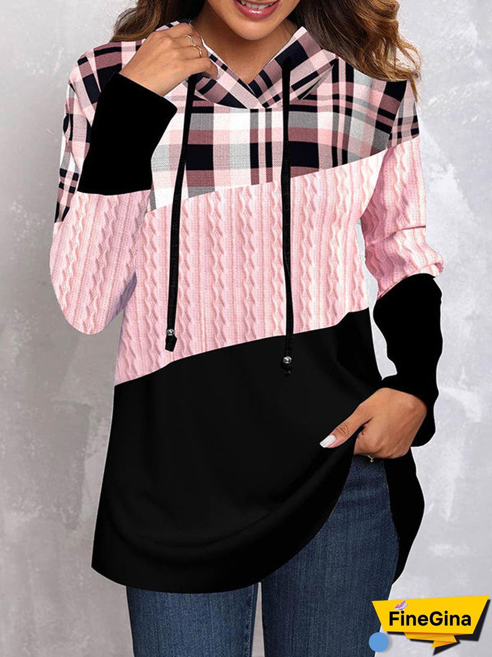 Women's Stitching Plaid Graphic Printed Scoop Neck Long Sleeve Top