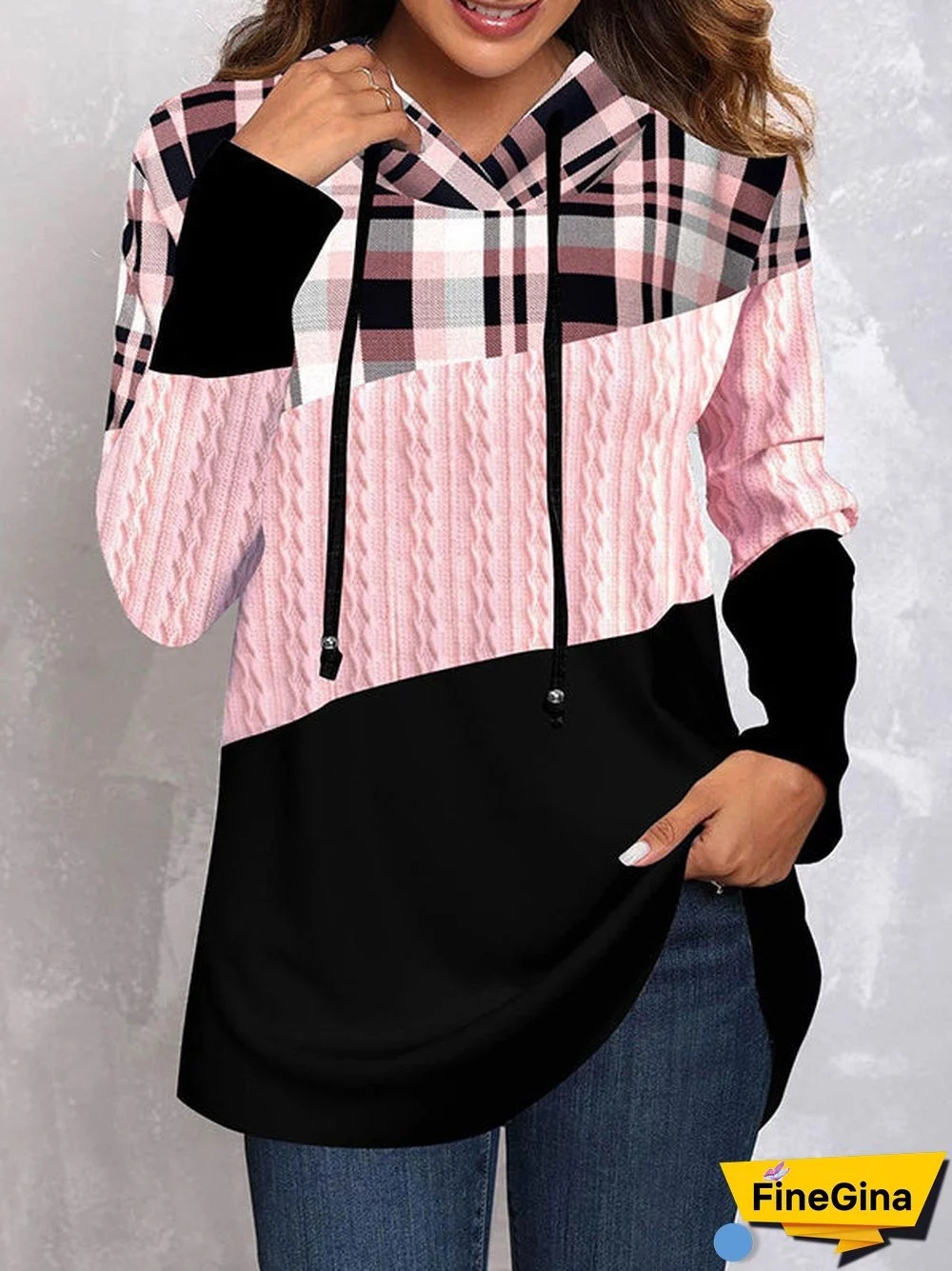 Women's Stitching Plaid Graphic Printed Scoop Neck Long Sleeve Top