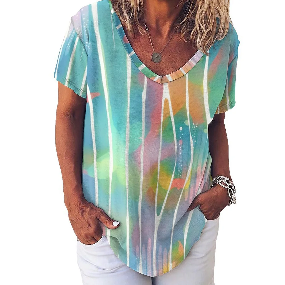 V-neck Short Sleeve Casual T-shirt for  Women Printed with Pattern Striped, Blue, Pink