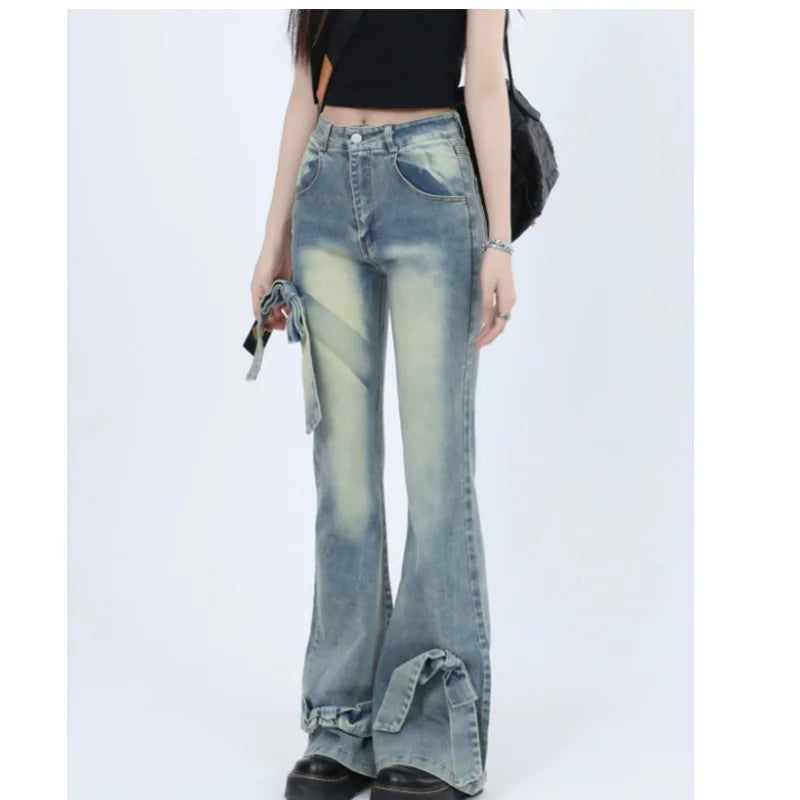 Aiertu Ribbon design slim denim Retro High Street  Flare Jeans for Women's Spring New High Waist Slim Bow Design Baggy Vintage 90s Aesthetic Y2k Pants Aiertu