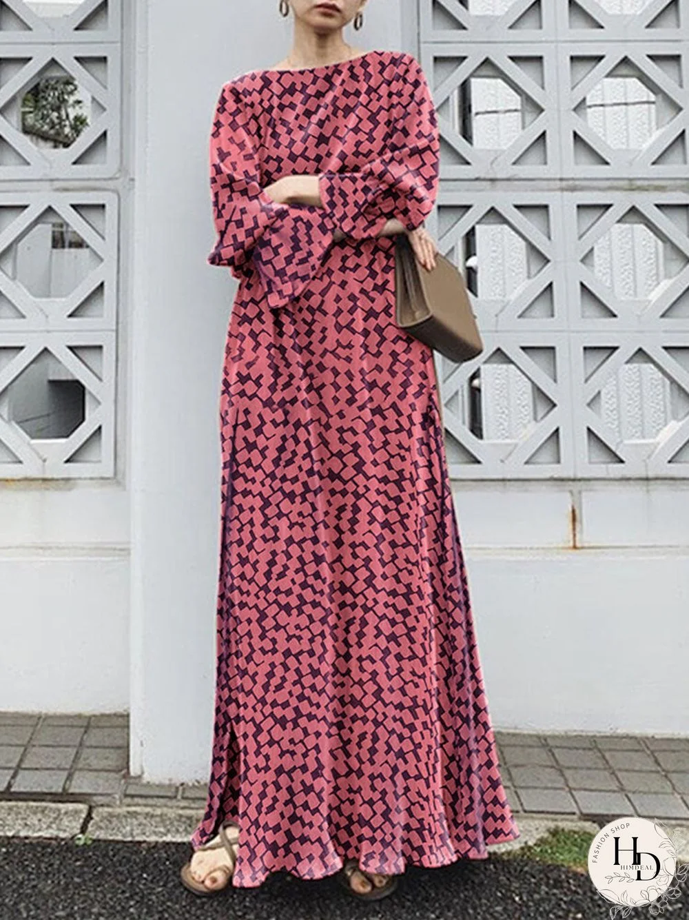 Geo Print Long Sleeve Slit Side Crew Neck Maxi Dress