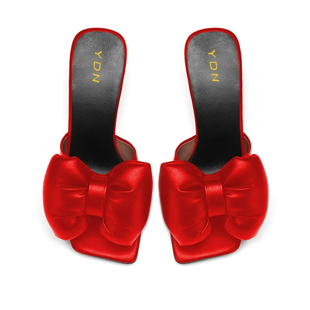 Red Faux Leather Cute Bow Slip On Rhinestone Mules for Women