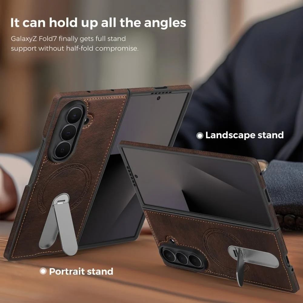 360 Rotae Kickstand Leather Case for Samsung Galaxy Z Fold 7 6 5 4 3 5G Magnetic Heavy Duty Cover, Military Shockproof Cases 