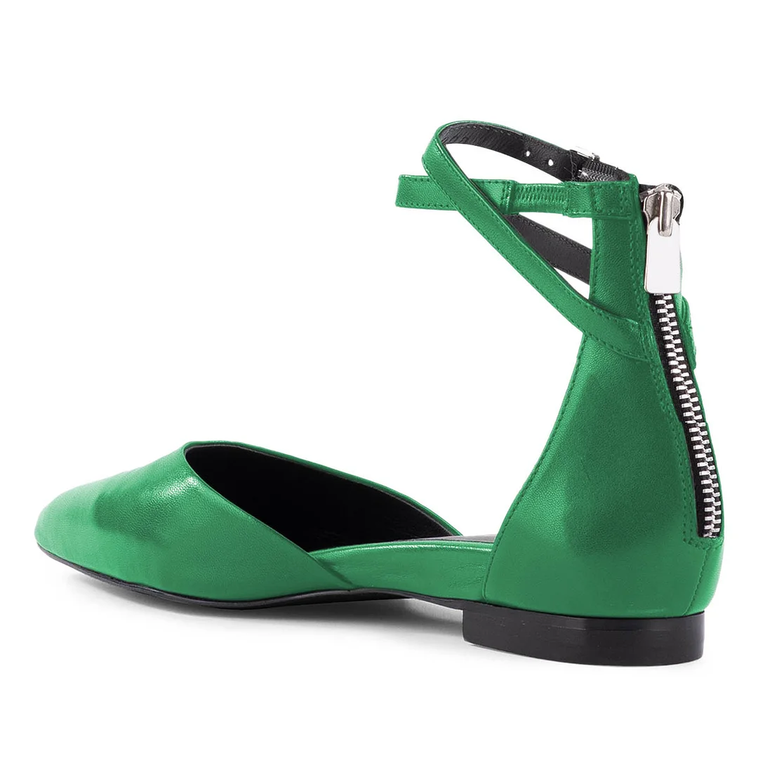 YDN Casual Green Pointed Toe Ankle Strap Flat Pumps for Women