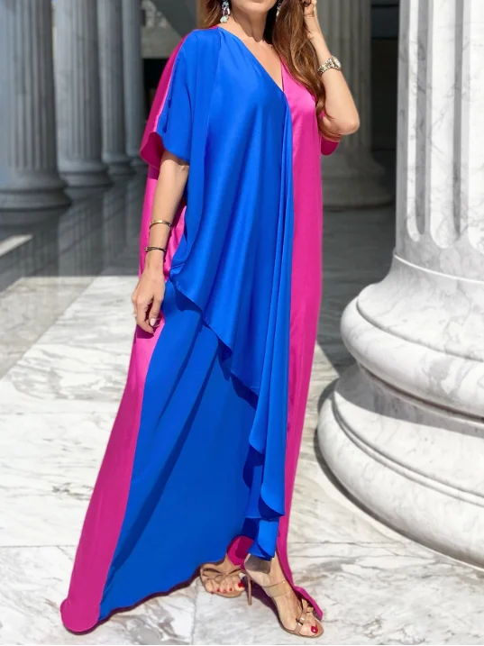 High Fashion Satin Color Block Dress Robe-inspireuse