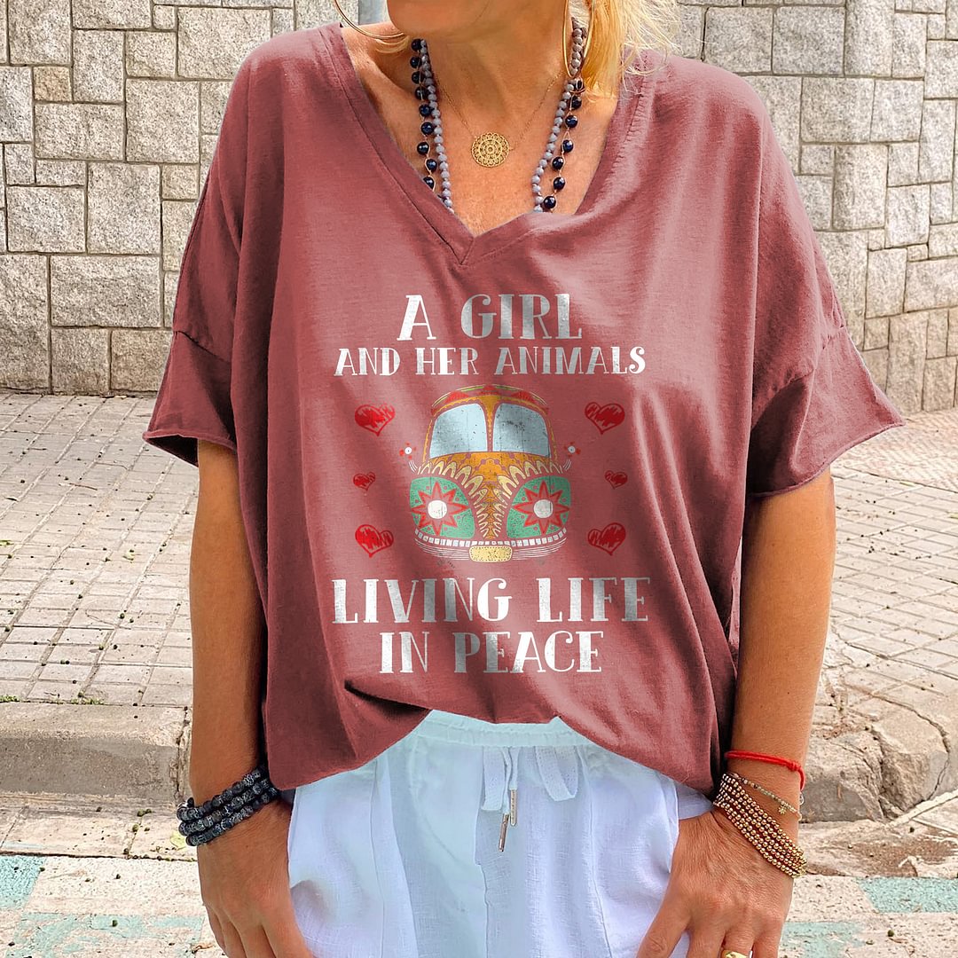 A Girl And Her Animals Living Life In Peace Printed T-shirt