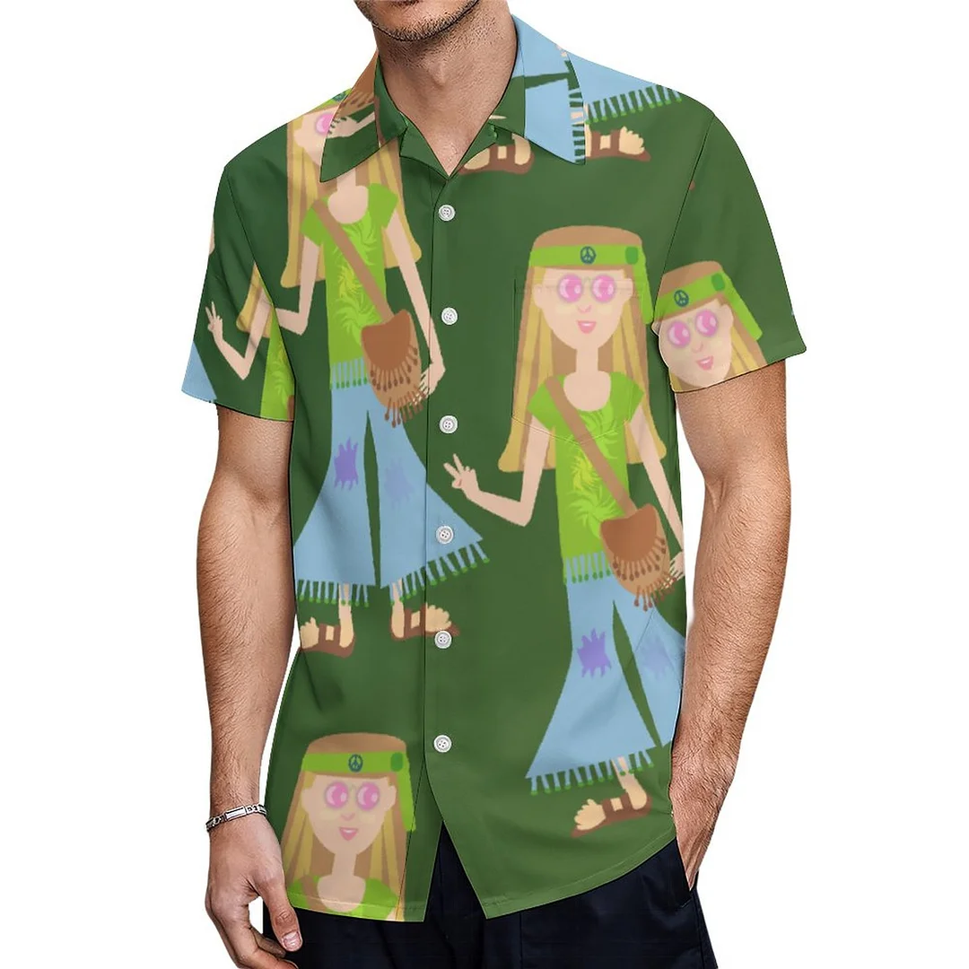 Short Sleeve Fun Hippie Girl Cartoon Retro Hawaiian Shirt Mens Button Down Plus Size Tropical Hawaii Beach Shirts
