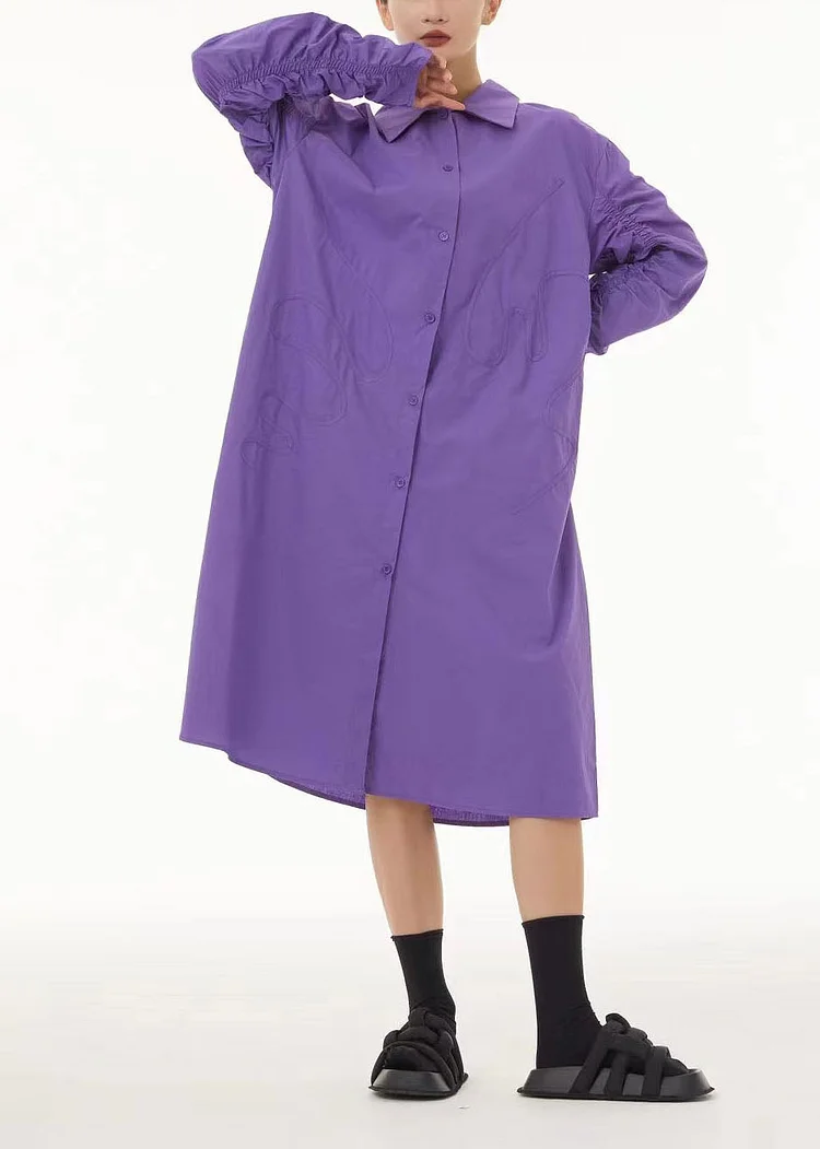 Boho Purple Peter Pan Collar Wrinkled Cotton Long Dress Spring