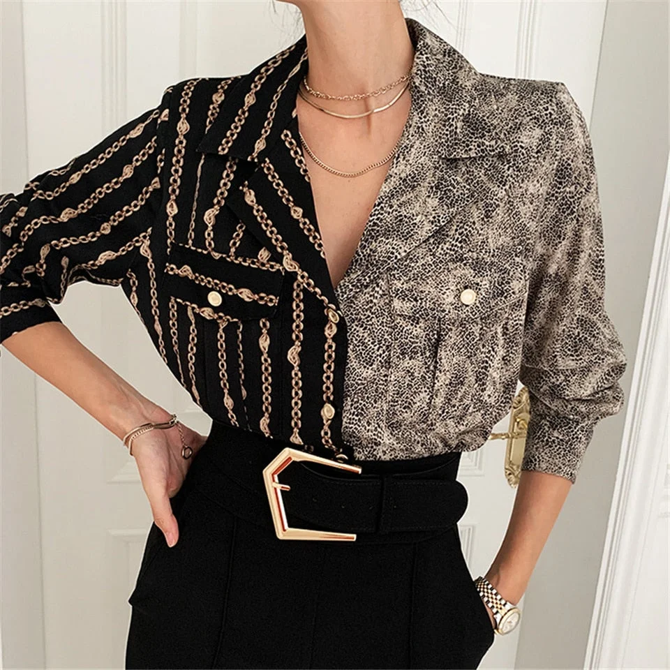 Women Blouse 2022 Chemise Femme Office Lady Button Up Turn Down Collar Shirt Women Plus Size Ladies Patchwork Blouse Femme 15891