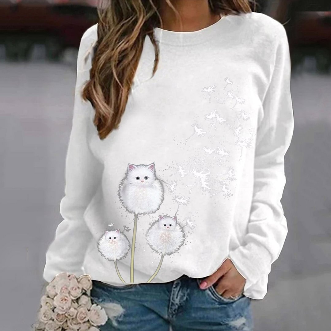 Casual Cat Dandelion Print Sweatshirt