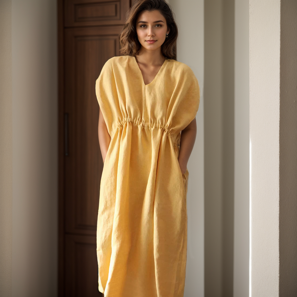 100% European Linen Oversized V Neck Long Dress REAL SILK LIFE