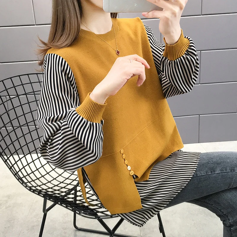 Churchf Churchf Dress 2024 New Loose Coat Sweater Knit Bottom Shirt Jacket Korean Version Fake Two Sets Of Women's Hoodie