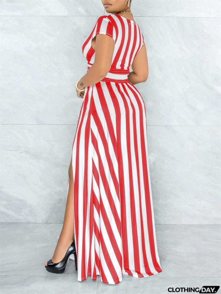 Fashion Sexy Stripe Deep-V Split Dresses