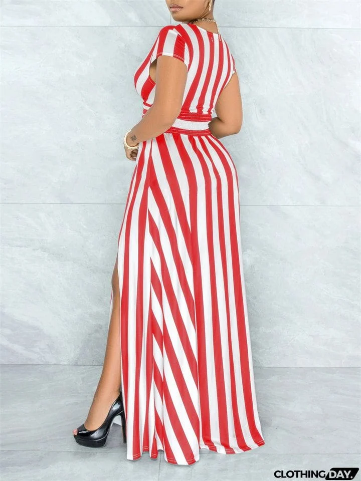 Fashion Sexy Stripe Deep-V Split Dresses