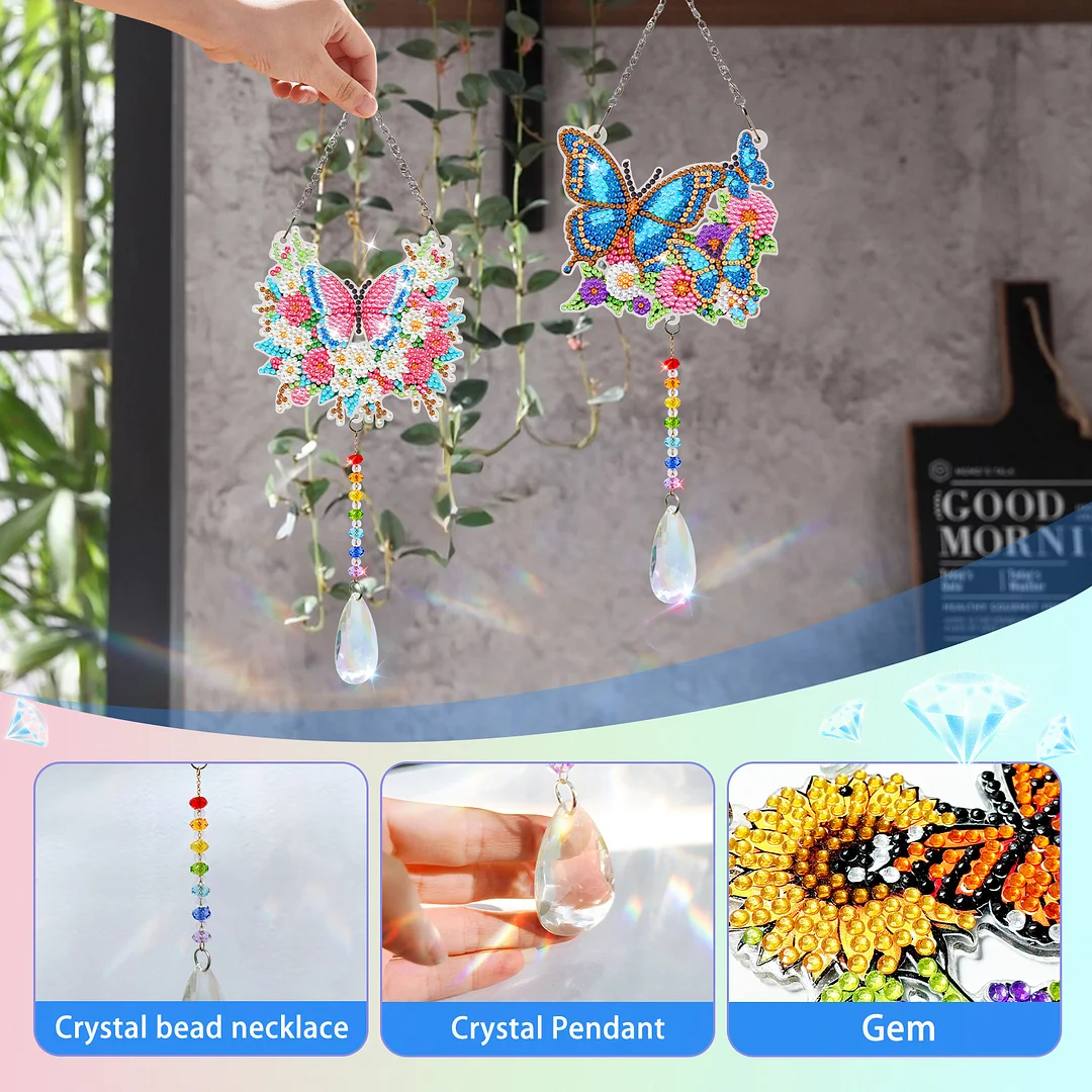 2Pcs Flowers and Butterflies DIY Acrylic Diamond Painting Art Wind Chimes with Crystal Pendant Diamond Art Hanging Pendant Double-Sided for Adults Beginners Gift Home Garden Decor