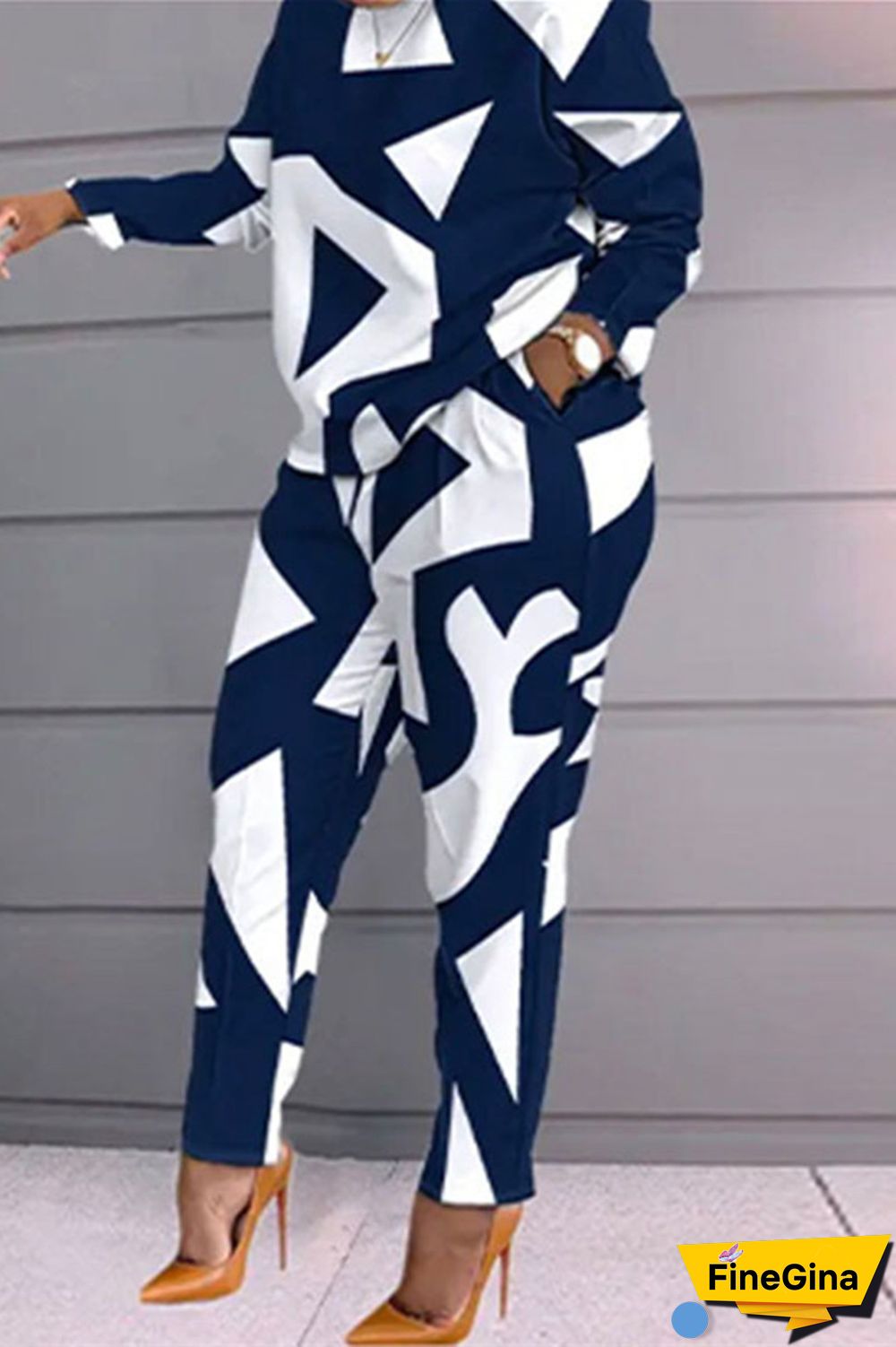 Blue Fashion Casual Print Patchwork O Neck Long Sleeve Two Pieces