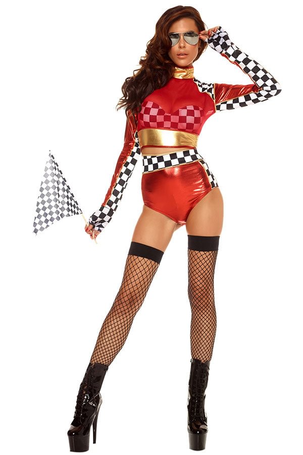 Womens Race Girl Plaid Long Sleeve Halloween Costume Red-elleschic