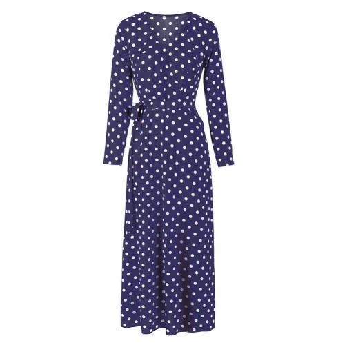 S-3XL Sexy Women Beach Polka Dot Bandage High Split Deep V Long Sleeve Maxi Dress Length Vestido Summer Dresses Party Vestidos