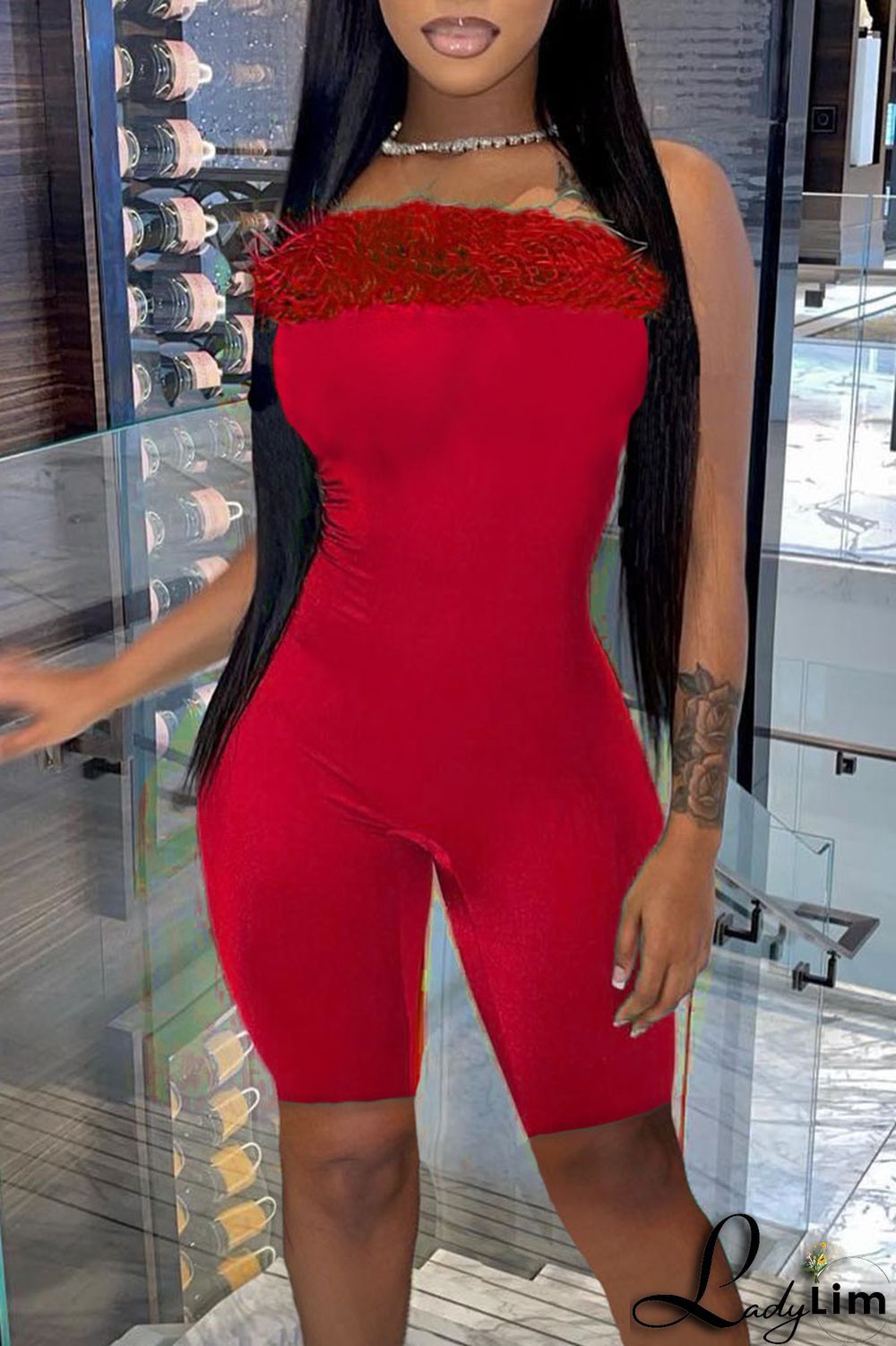 Black Sexy Solid Split Joint Feathers Strapless Regular Jumpsuits