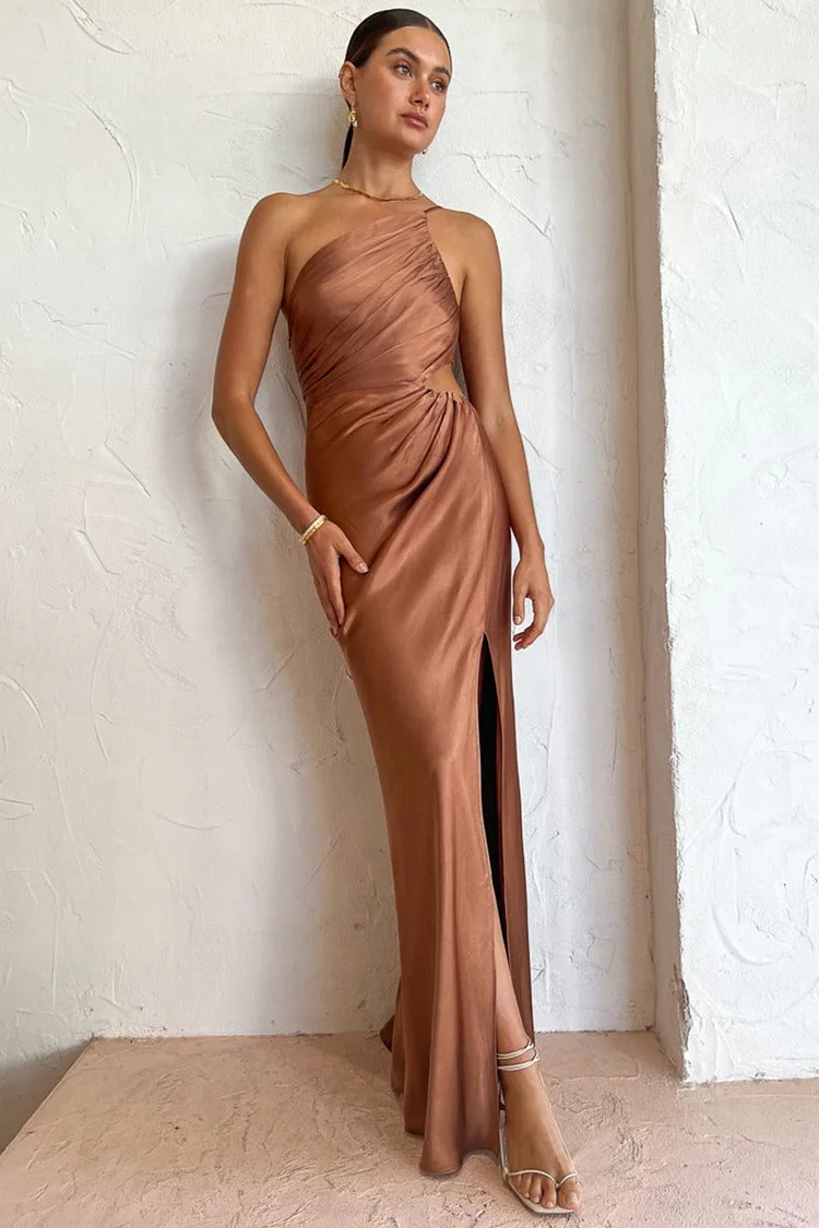 One Shoulder High Slit Ruched Evening Gown Cami Maxi Dress