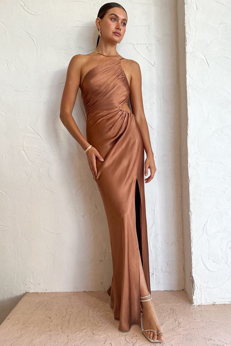One Shoulder High Slit Ruched Evening Gown Cami Maxi Dress [Pre Order]