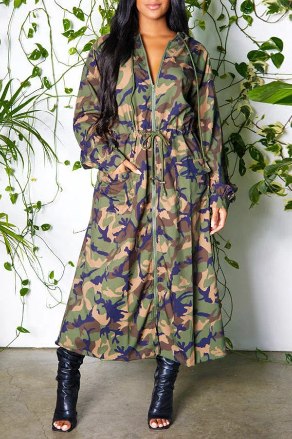 Camouflage Classic Drawstring Hooded Trench Coat