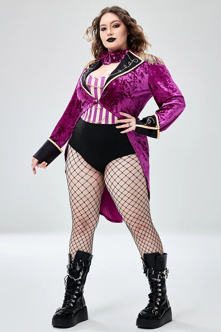 Xpluswear Design Plus Size Halloween Costume Purple Velvet Bodysuit Two Pieces Set (Without Hat)（Ships 24h）
