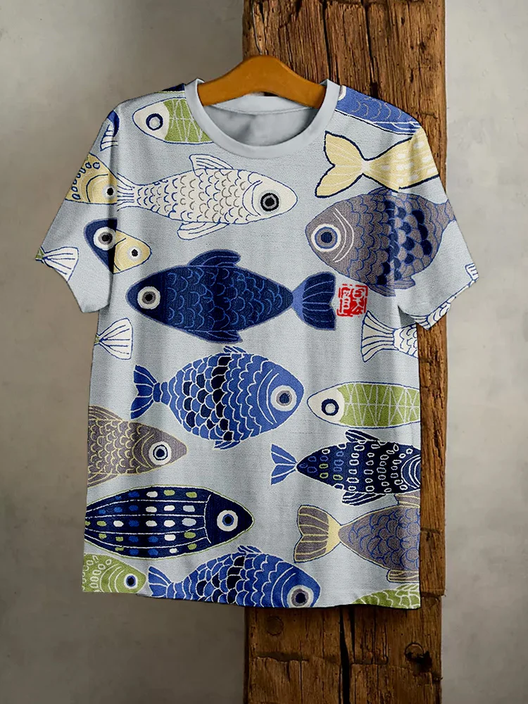 Comstylish Vintage Fish Japanese Art Pattern Short Sleeve T Shirt